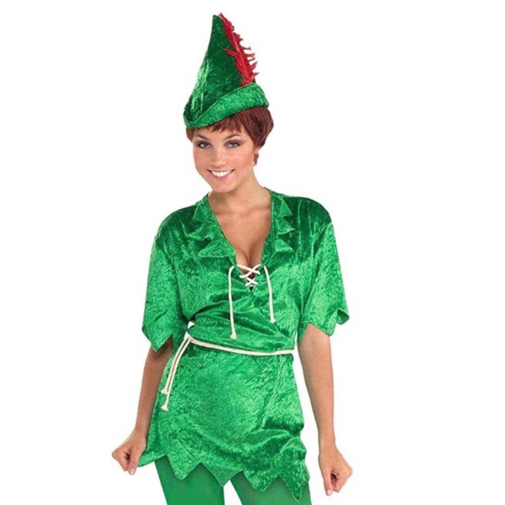Peter Pan COSTUME NEW GREEN velvet Tunic Dress Belt Feather Hat Womens Size M L